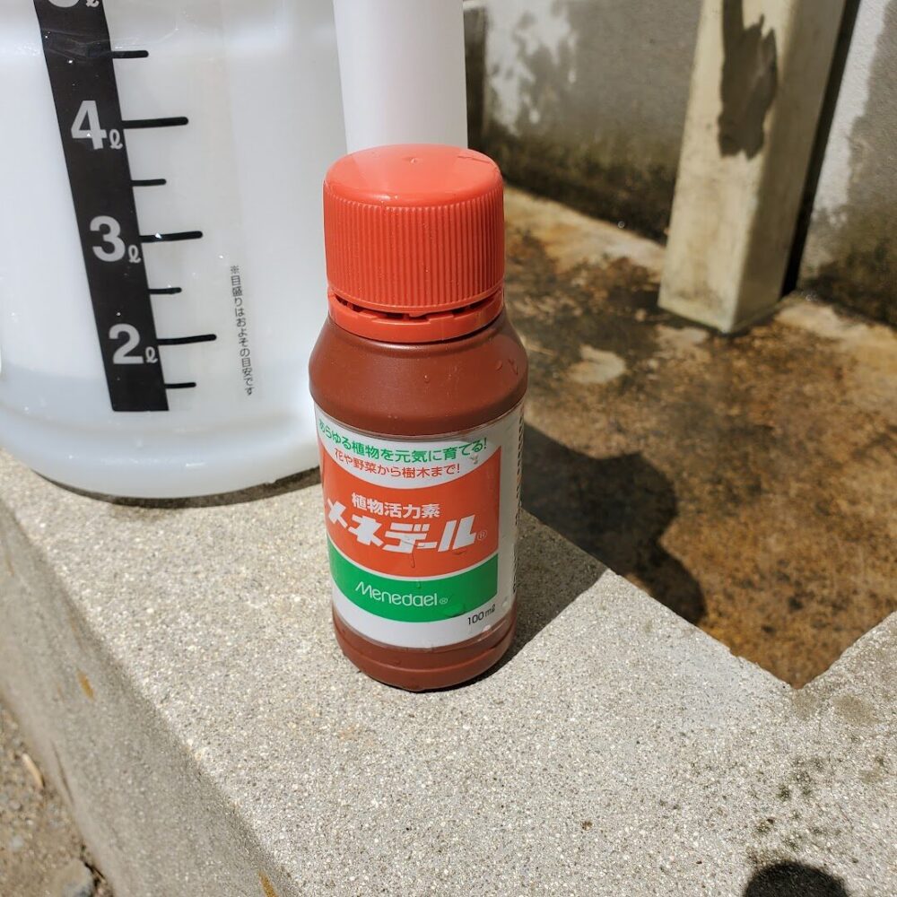 今回は、1Ｌの水に溶かすのでキャップ1杯10ｍＬを使用します。